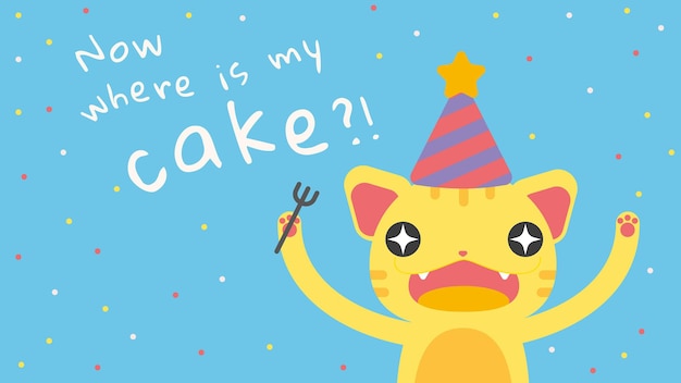 かわいい空腹の猫の漫画と子供の誕生日グリーティングテンプレート