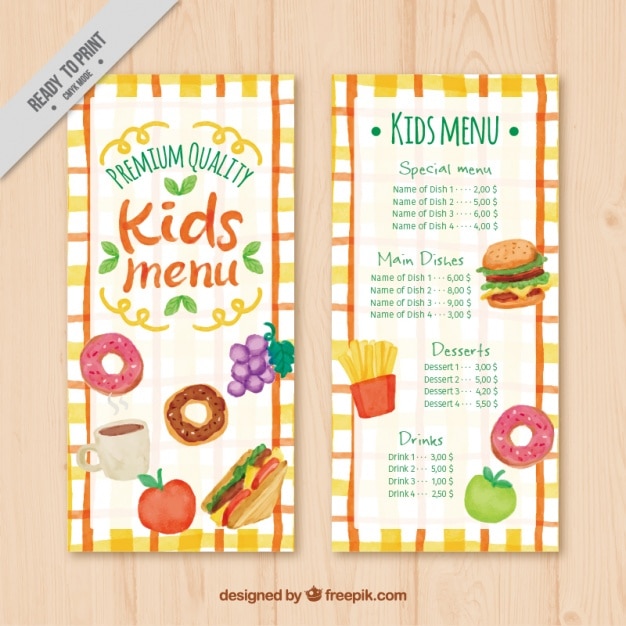 Free vector kid's menu in watercolor style