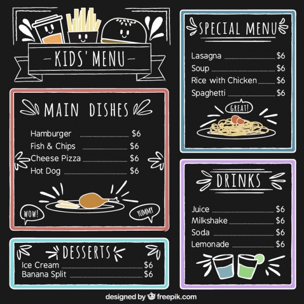 Kid's menu with color details and blackboard background