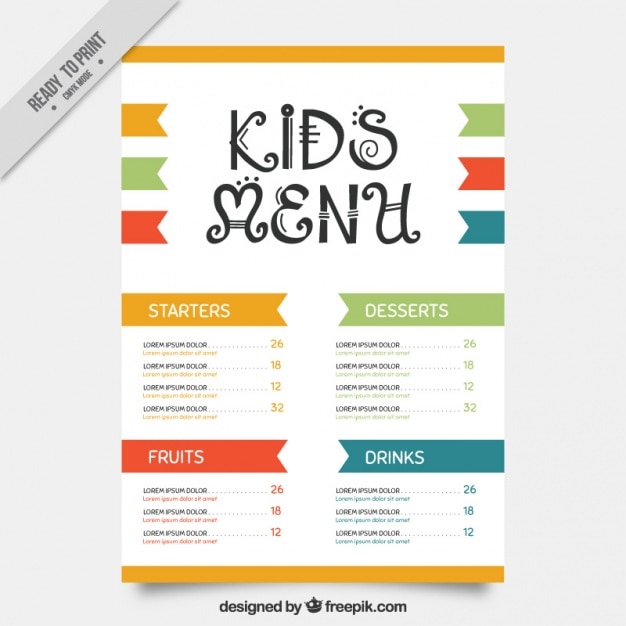 Free vector kid's menu with color details