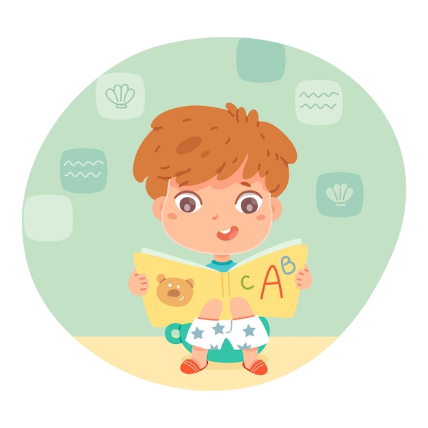 Free vector kid sitting on toilet with book in bathroom little happy boy on toilet pot reading alphabet book healthy daily lifestyle routine