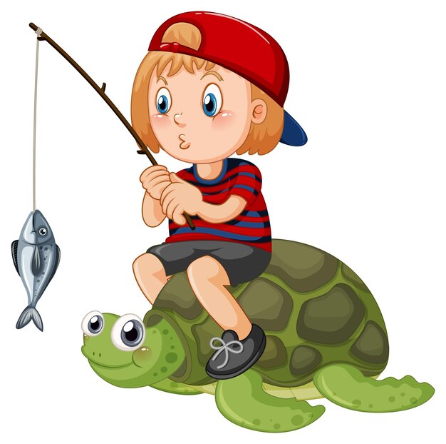 Малыш сидит на рыбалке на черепахе