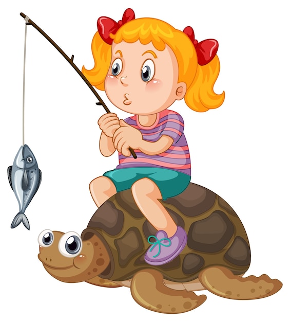 Free vector kid sitting on turtle fishing