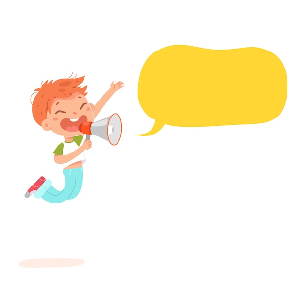 Free vector kid speaker holding megaphone in hand funny boy jumping with loudspeaker to announce news adorable little child shouting loud message in blank bubble isolated on white