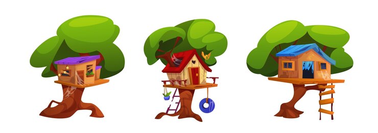 Free Vector kid treehouse cartoon wooden tree house vector