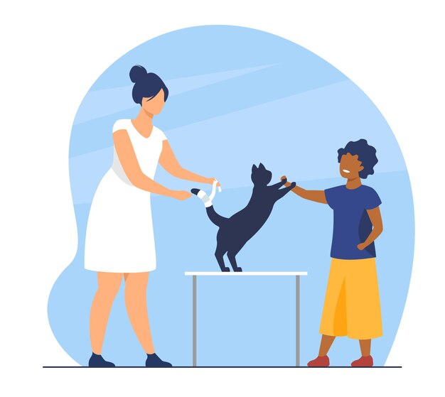 猫と一緒に獣医事務所を訪れる子供。外傷、治療、ペットの検査。漫画イラスト