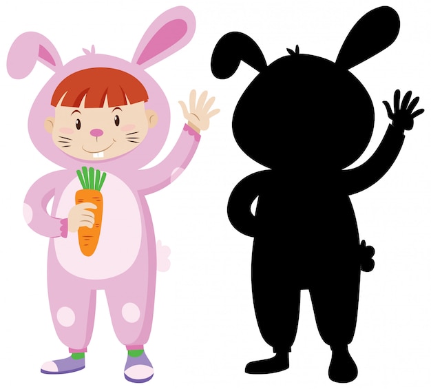 Vettore gratuito bambino che indossa il costume da coniglio con la sua silhouette