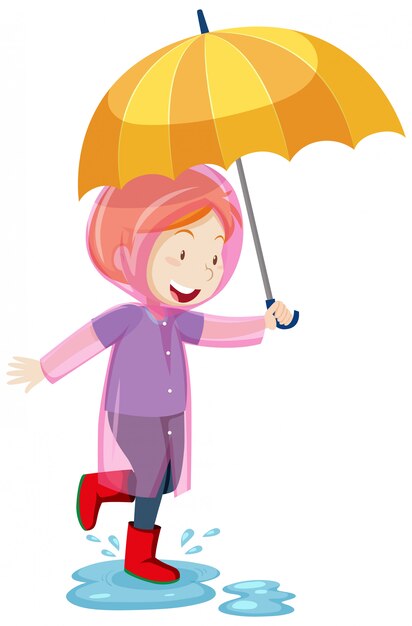 비옷을 입고 우산을 들고 웅덩이에서 점프하는 아이 만화 스타일 절연