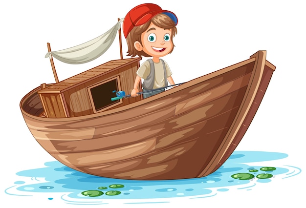 Free vector kid on wooden boat in cartoon style