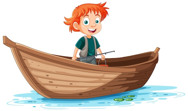 Kid on wooden boat in cartoon style