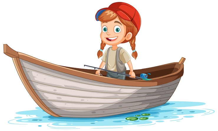 Free Vector kid on wooden boat in cartoon style