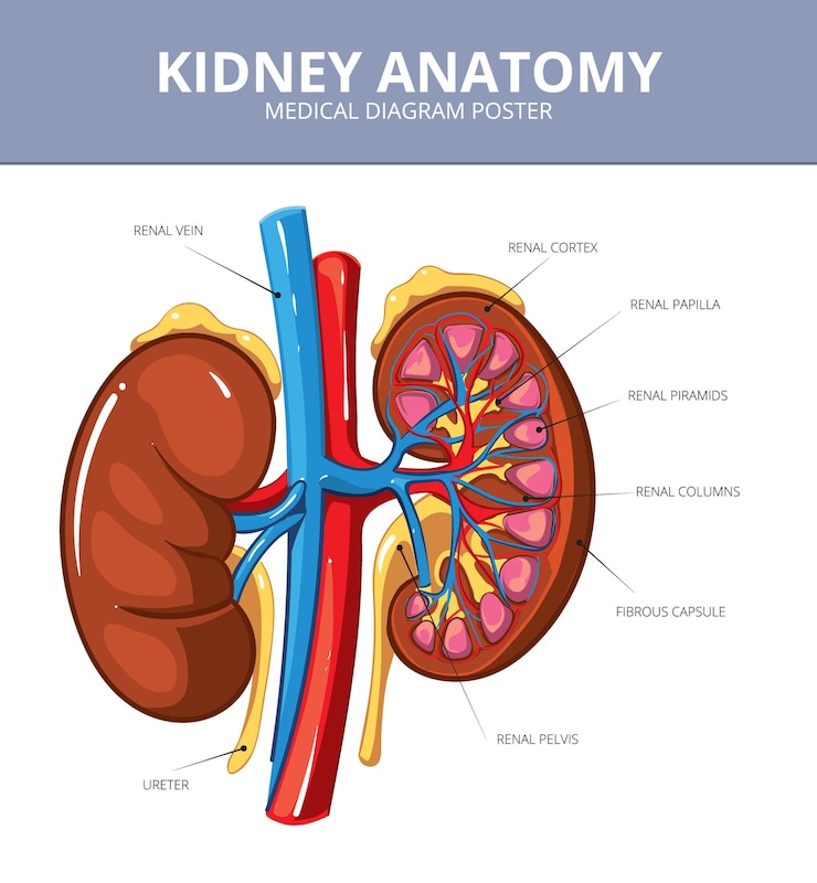 Free Vector kidney medical vector diagram poster. internal organ, artery and tract, vessel and ureter, scheme illustration