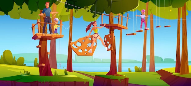 Free vector kids in adventure park rope ladder