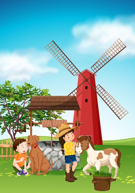 Free vector kids and animals in the farmyard