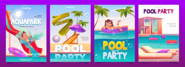 Set di poster per festa in piscina per bambini aquapark,