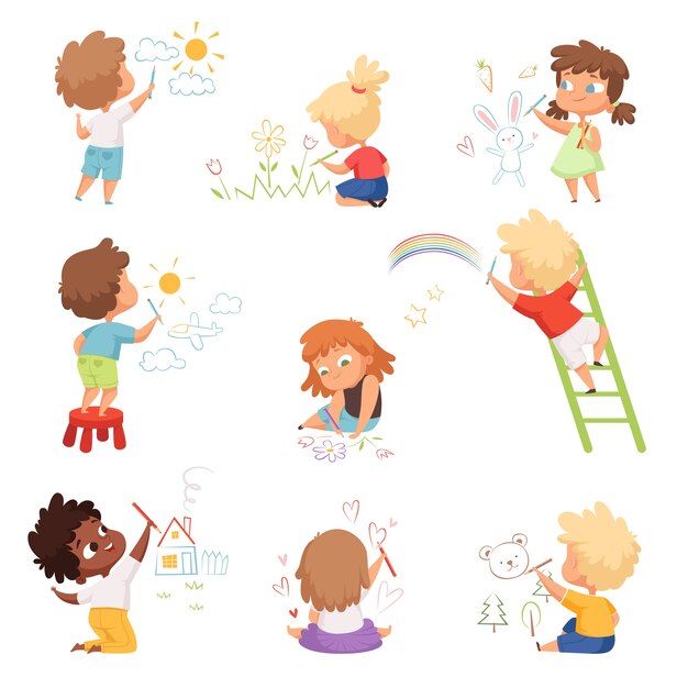子供を描きます 子供たちのアーティストが教育する面白いかわいい子供男の子と女の子は さまざまな写真のキャラクターを作ります カラフルなイラストを描く子アーティスト プレミアムベクター