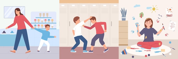 Free vector kids bad behavior three square compositions on theme of aggression disobedience slovenliness flat vector illustration