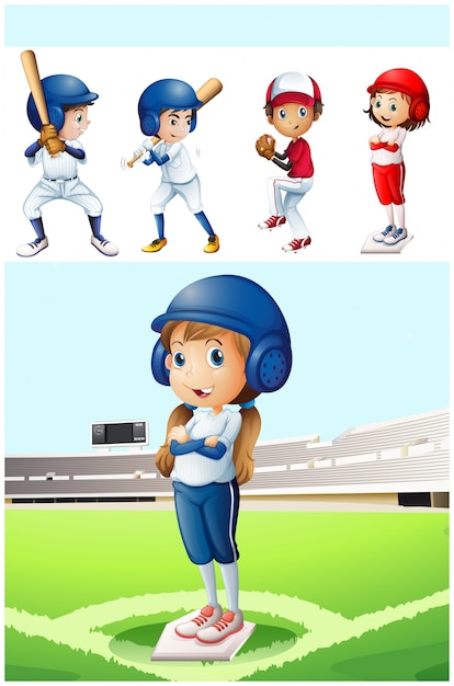 Kids in baseball uniform in the field illustration