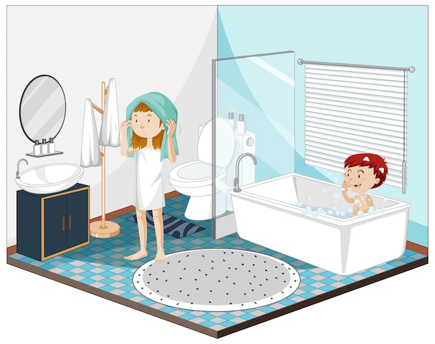 Free vector kids in the bathroom with furnitures