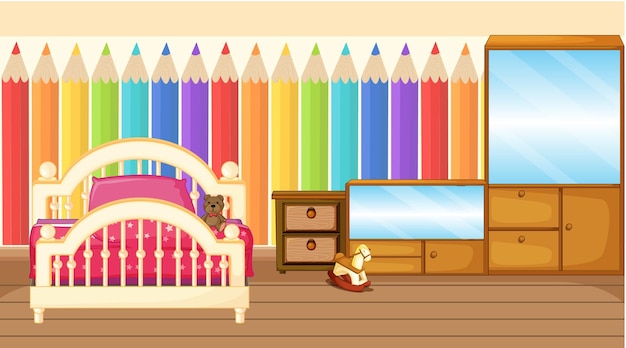 Vettore gratuito interior design della camera da letto dei bambini con mobili e carta da parati arcobaleno