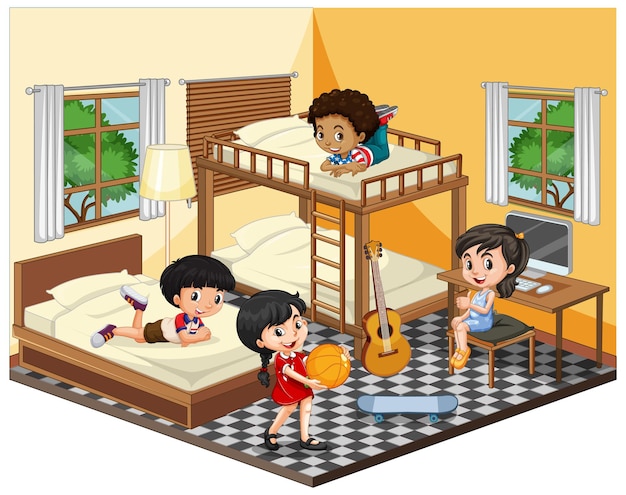 Free vector kids in the bedroom in yellow theme scene on white