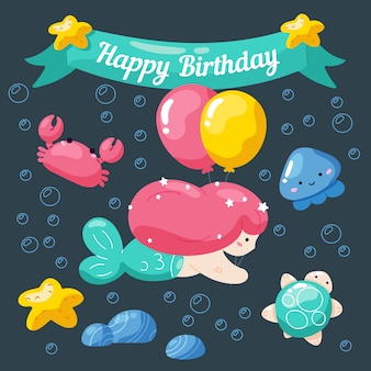 귀여운 인어 공주와 해양 생물이있는 어린이 생일 카드.