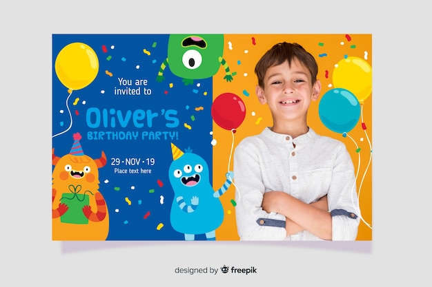 Free vector kids birthday invitation template with image