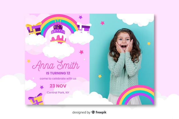 Kids birthday invitation template with photo