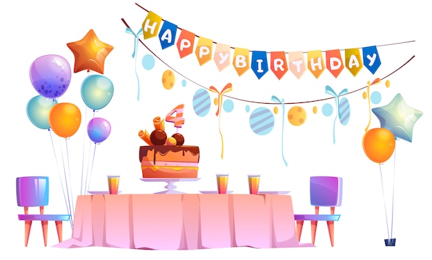 Free vector kids birthday party decoration and festive cake