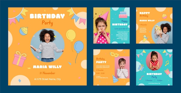 Free vector kids birthday party instagram posts collection