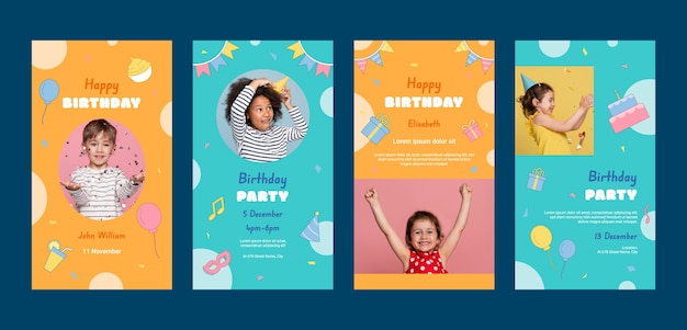 Free vector kids birthday party instagram stories collection