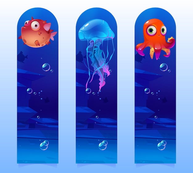 Free vector kids bookmarks with cartoon underwater creatures