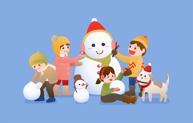 Дети лепят снеговика и играют в снегу, празднование Рождества, зимы и Нового года