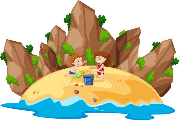 Free vector kids building sand castle on the island