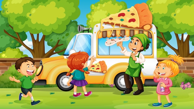 ピザトラックからピザを買う子供たち