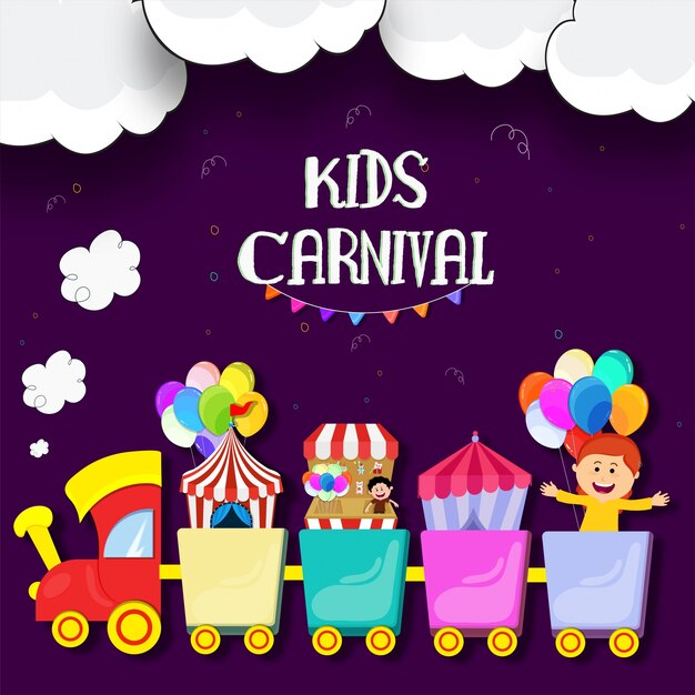  Kids Carnival or Funfair background with colorful train on cloudy background