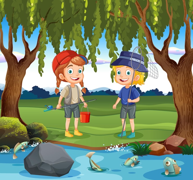 Free vector kids cartoon characters exploring pond in forest scene