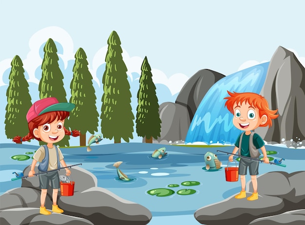 Kids cartoon characters exploring pond in forest scene