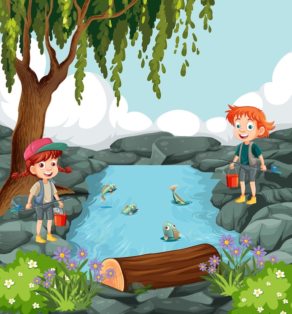 Free vector kids cartoon characters exploring pond in forest scene