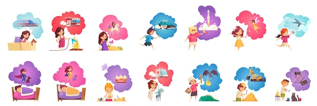 Bambini bambini che sognano insieme di personaggi isolati in stile cartone animato con desideri desideri immagini in bolle di pensiero illustrazione vettoriale