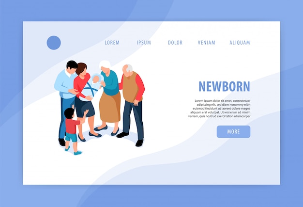 Free vector kids children new siblings concept isometric web banner design with welcoming newborn baby into family