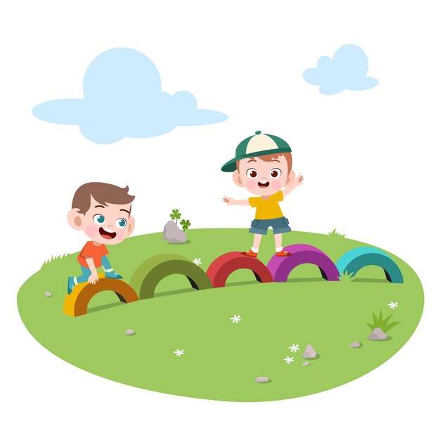 子供の遊び場のイラストを遊んでいる子供たち プレミアムベクター
