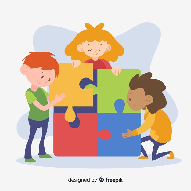 Kids connecting puzzle pieces background