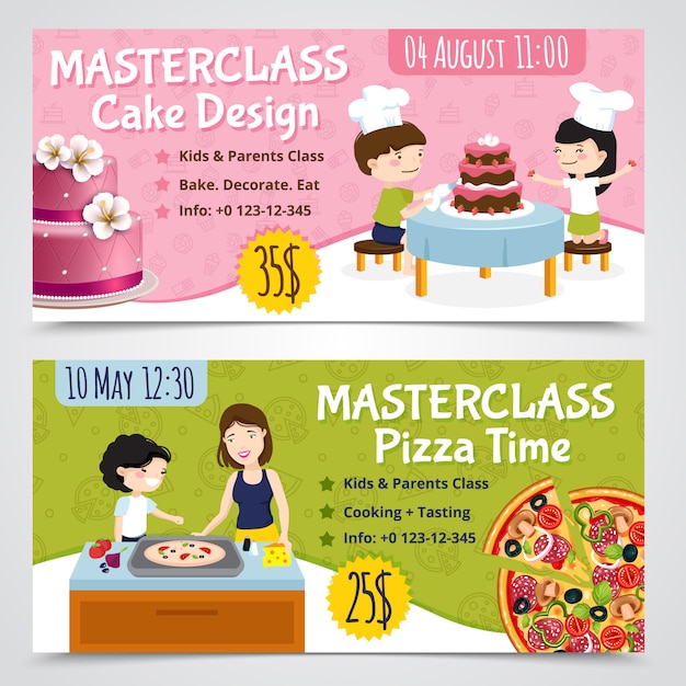 Free vector kids cooking horizontal banners set of two cartoon show bills pizza and cake with editable text vector illustration
