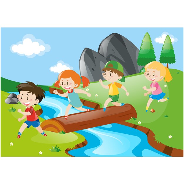 Дети, пересекающие реку
