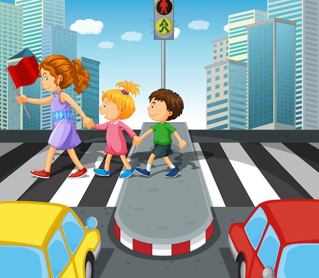 Free vector kids crossing the road at zebra crossing