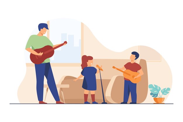 子供とお父さんがギターを弾き、家で歌う