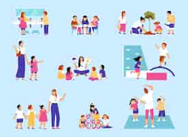 Free vector kids daily routine in kindergarten flat set isolated on color background vector illustration