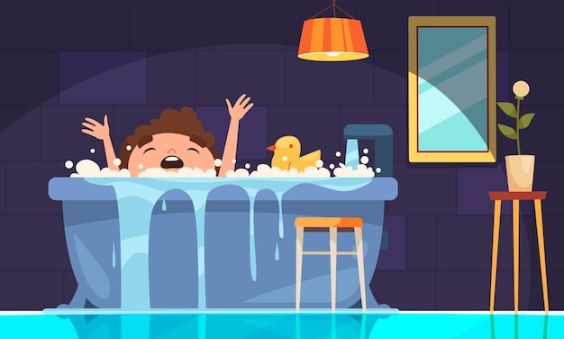 Free vector kids danger cartoon poster with boy sinking in bath vector illustration