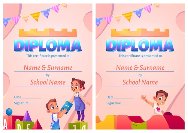 Certificato di cartone animato diploma per bambini con bambini